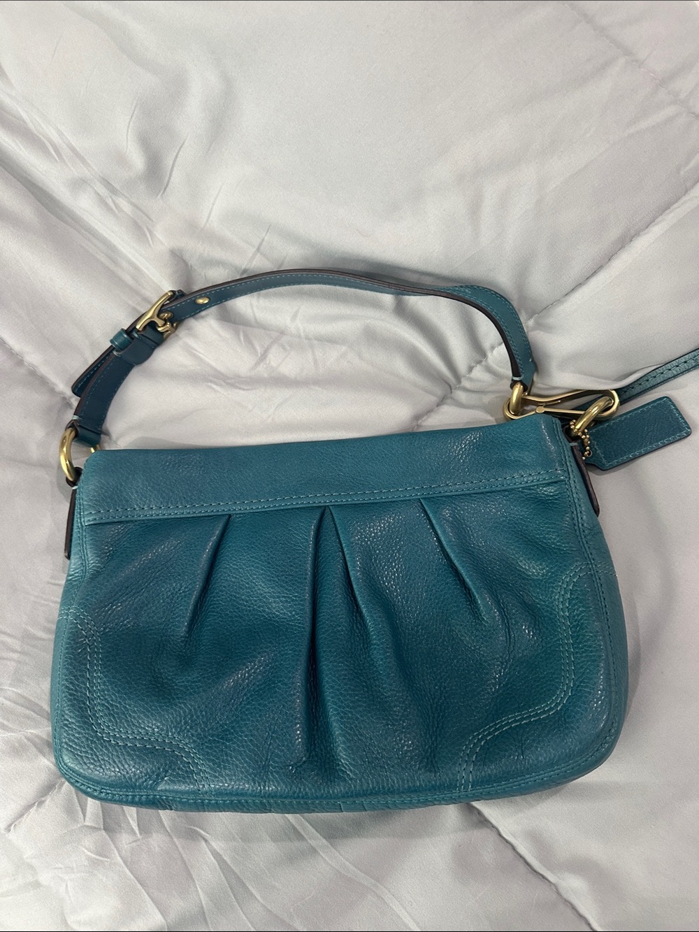 Coach Teal Leather Pleated Shoulder Bag